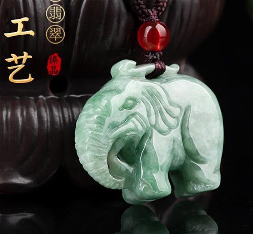 Natural Grade A Jadeite Hand Carved Cute Elephant Amulet Lucky Pendant Necklace