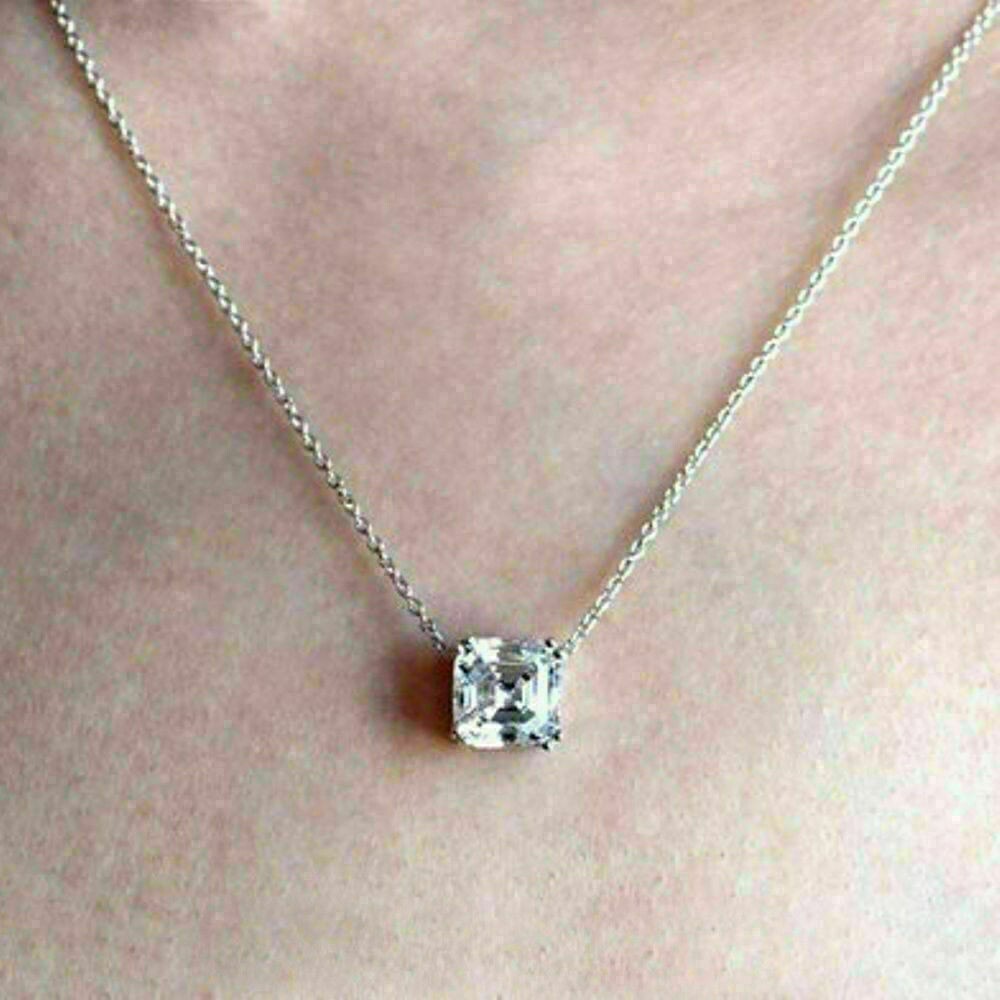 2 Ct Asscher Moissanite Solitaire Pendant 18 “Necklace 14k White Gold Plated