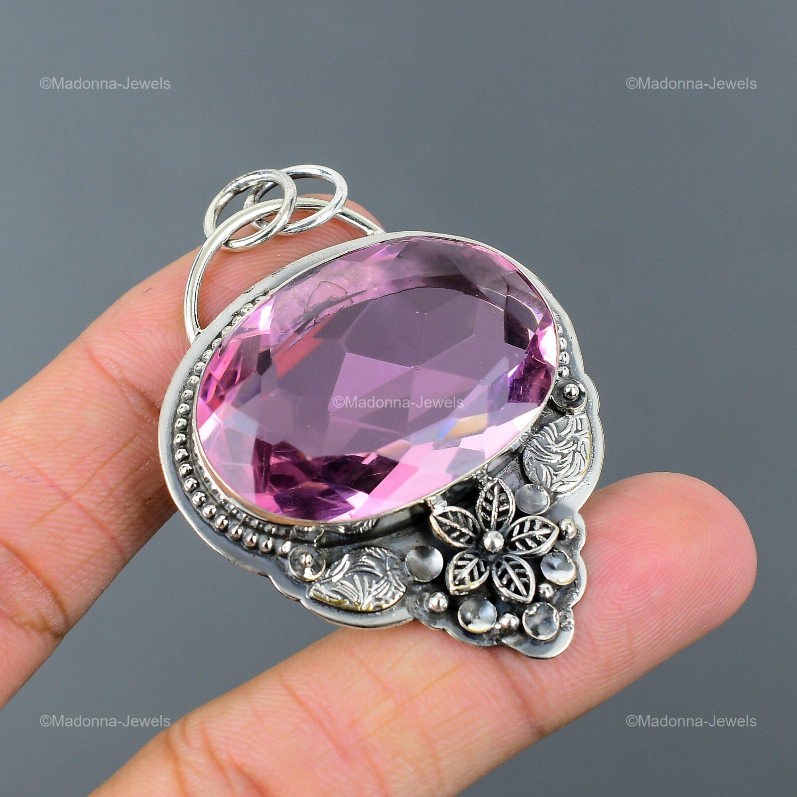 Natural Pink Kunzite 925 Sterling Silver Flower Daughter Bezel Pendant Jewelry