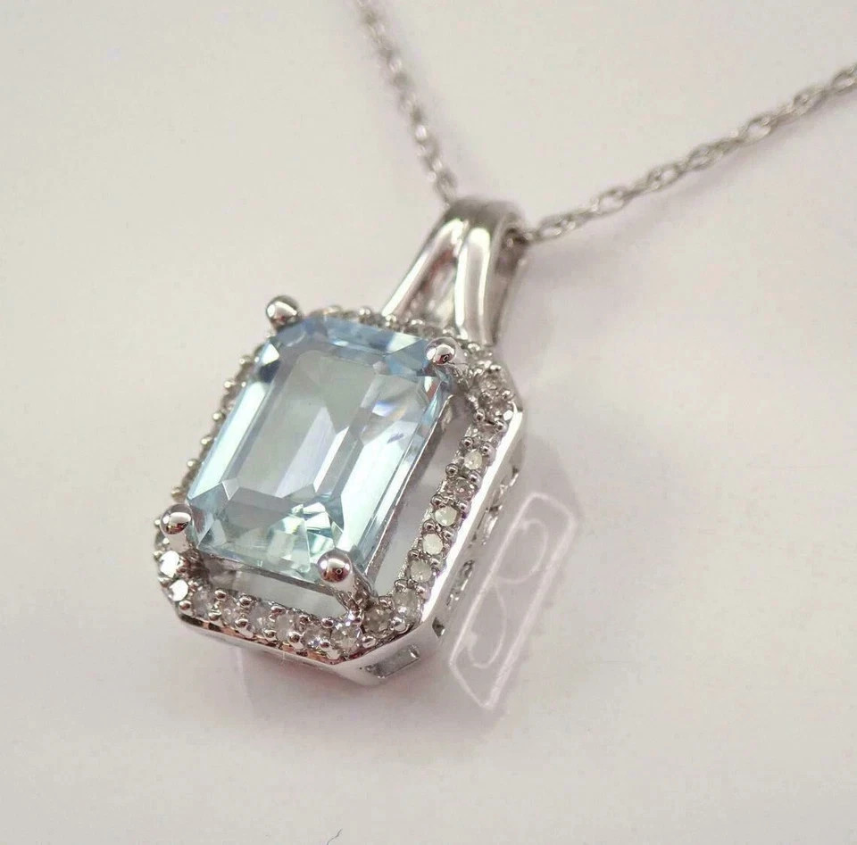 3Ct Lab Created Emerald Aquamarine Halo Pendant White Gold Plated Silver Chain