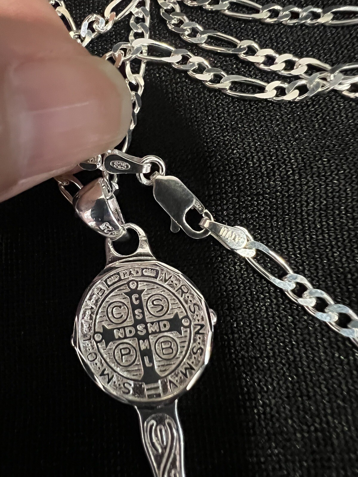 925 Sterling Silver Men St Benedict Key San Benito Llave & Figaro Chain 20 24 30
