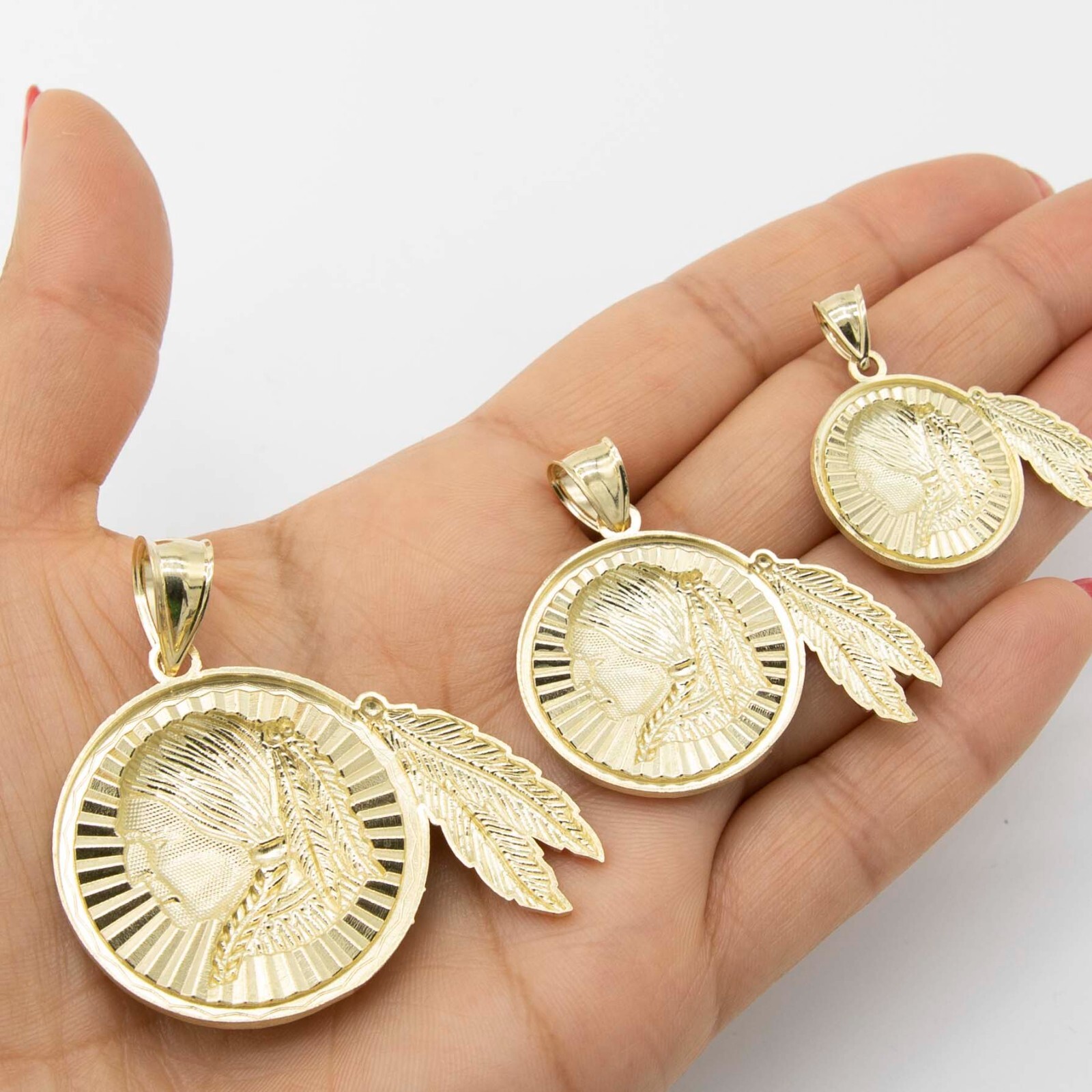Diamond-Cut Indian Chief Medallion Pendant Real Solid 10K Yellow Gold All Sizes