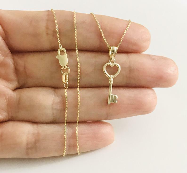 10K Solid Gold Heart Key Charm Pendant, 10k Solid Gold Necklace – YC1029