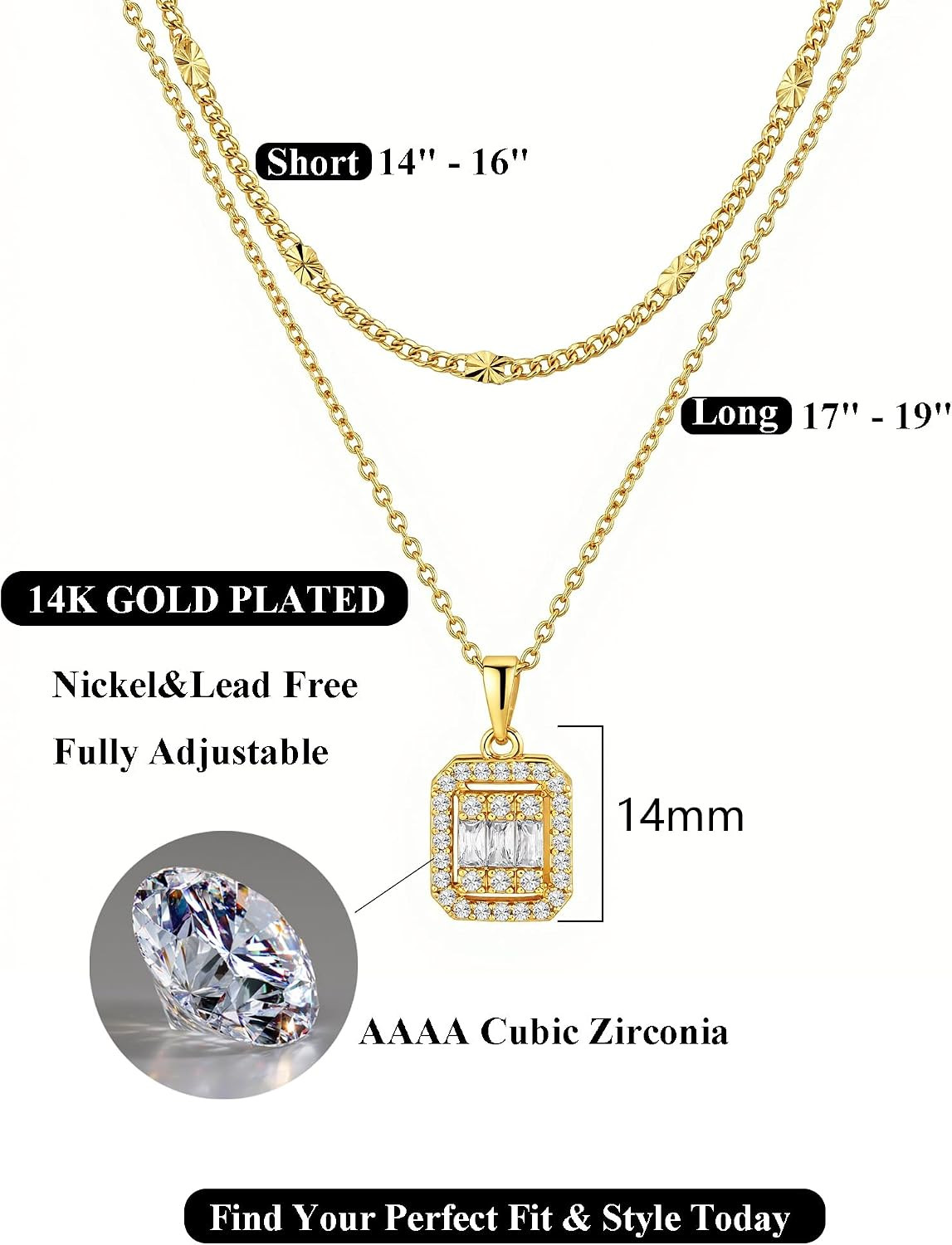 Dainty Pendant Gold Necklace for Women Layered 14K Diamond Pendant Gold Plated N