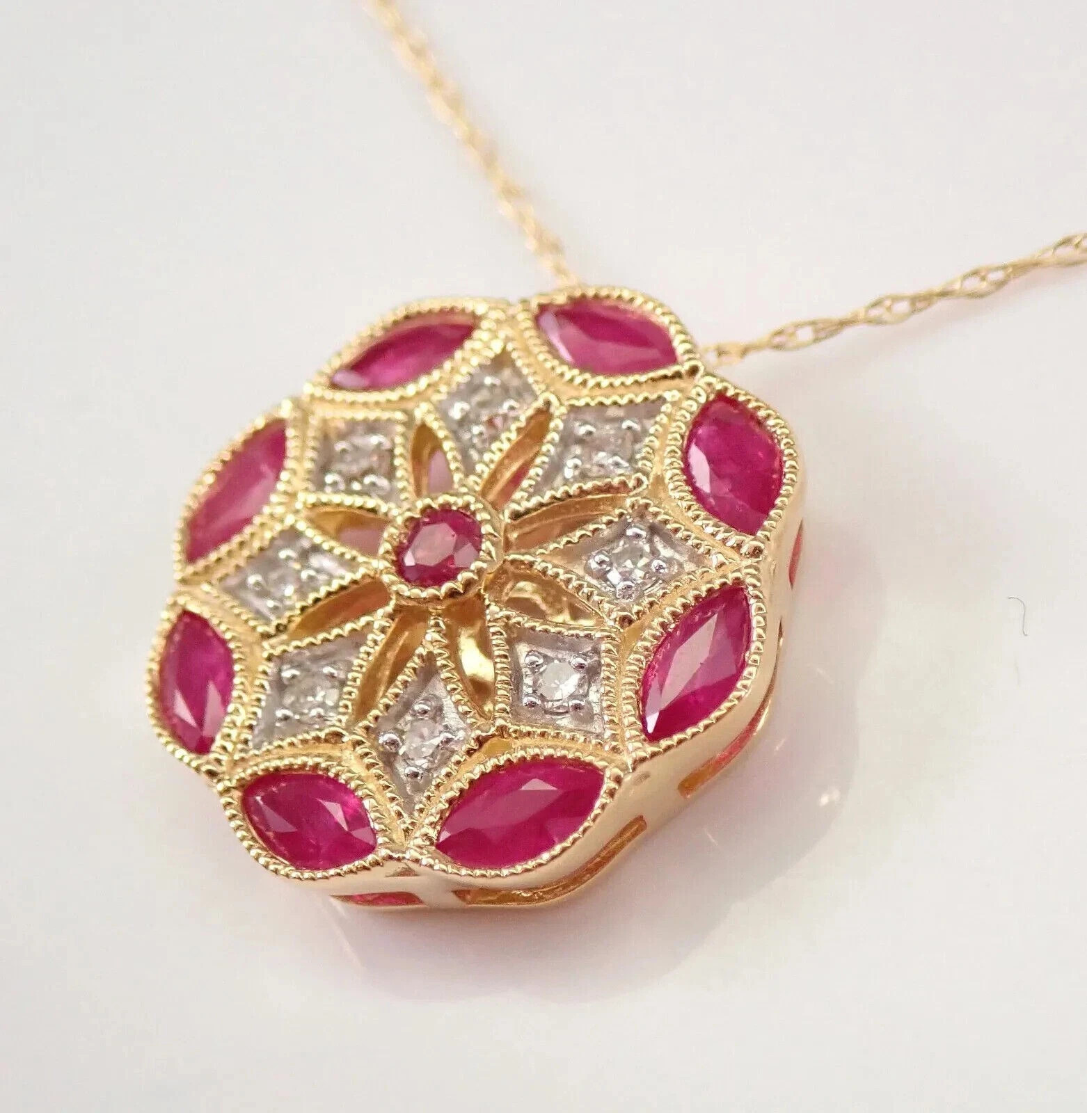 3Ct Marquise Cut Red Ruby Flower Halo Pendant 14K Yellow Gold Finish Free Chain