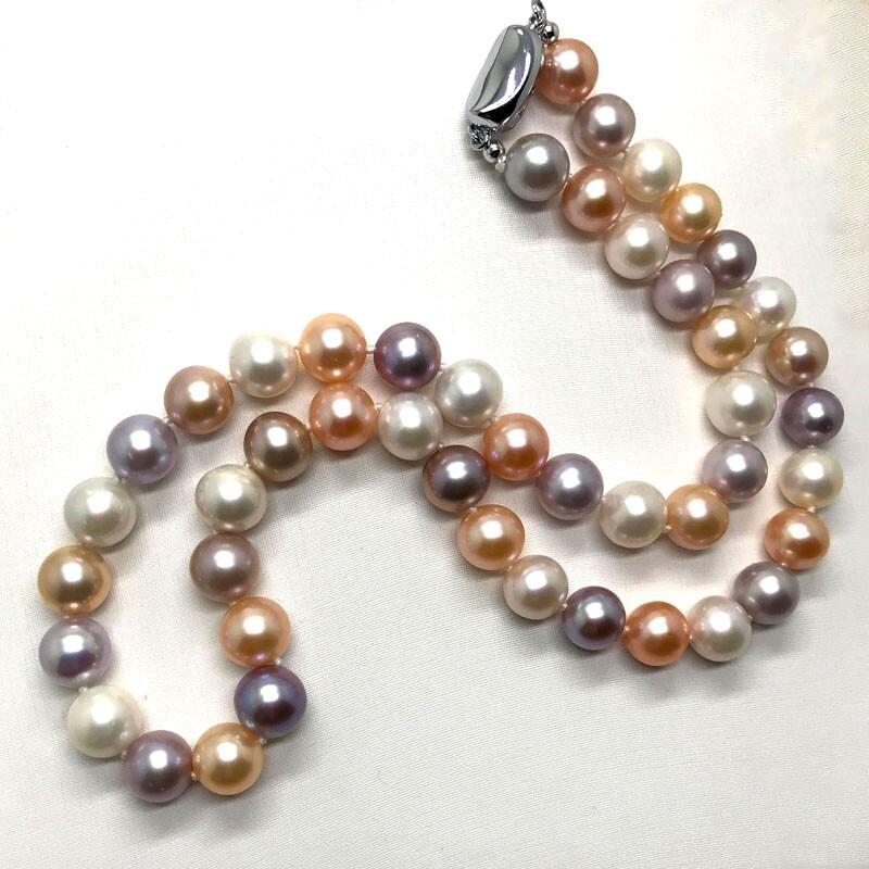 18“ AAA Japanese Akoya 10-9 mm white PINK Purple pearl Necklace Multicolor