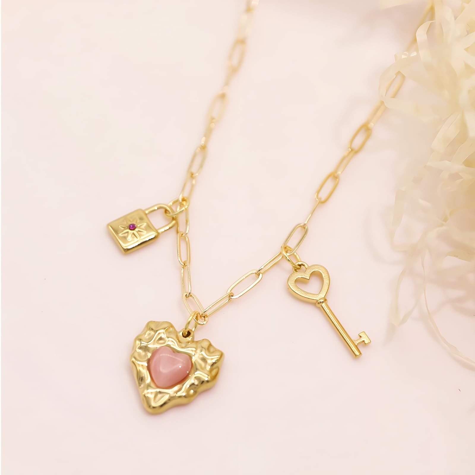 Multi Charm Necklace for Women Chunky Gold Plated Paperclip Chain Choker Ne – 07