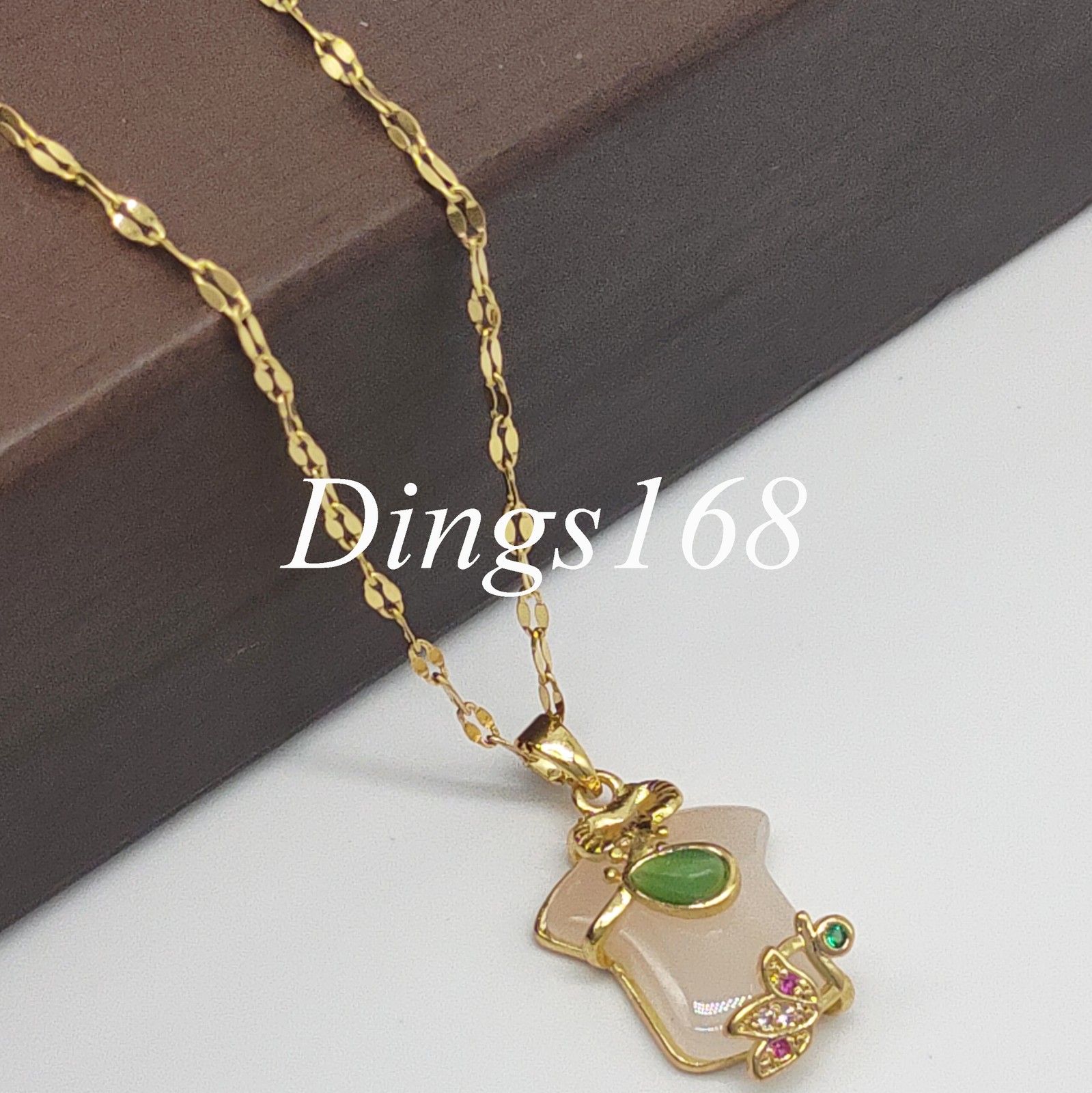 18K Yellow Gold Filled Nickel-Free 20x15mm Jade Cheongsam Pendant Chain Necklace