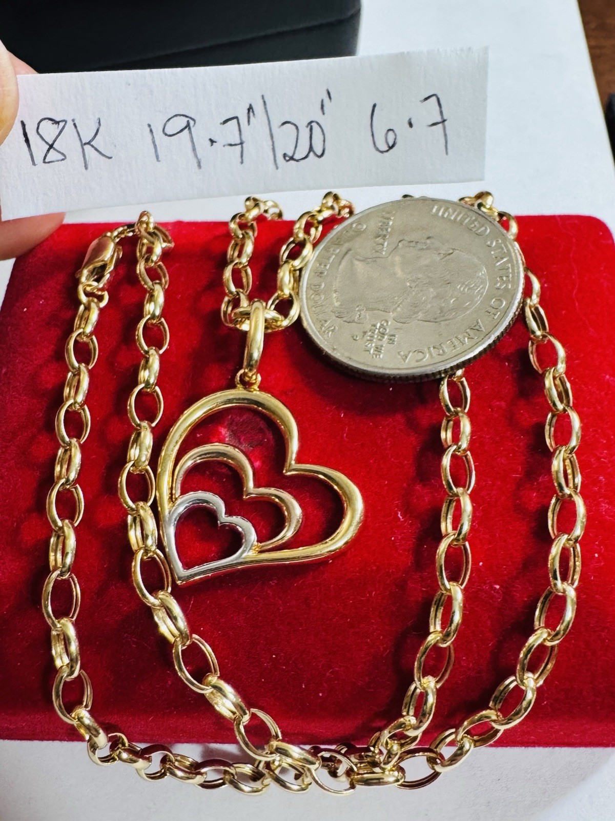 18K 750 Real Find Pure Tricolor Gold Heart Necklace 19.7/20” Inch Long 6.7g 4mm