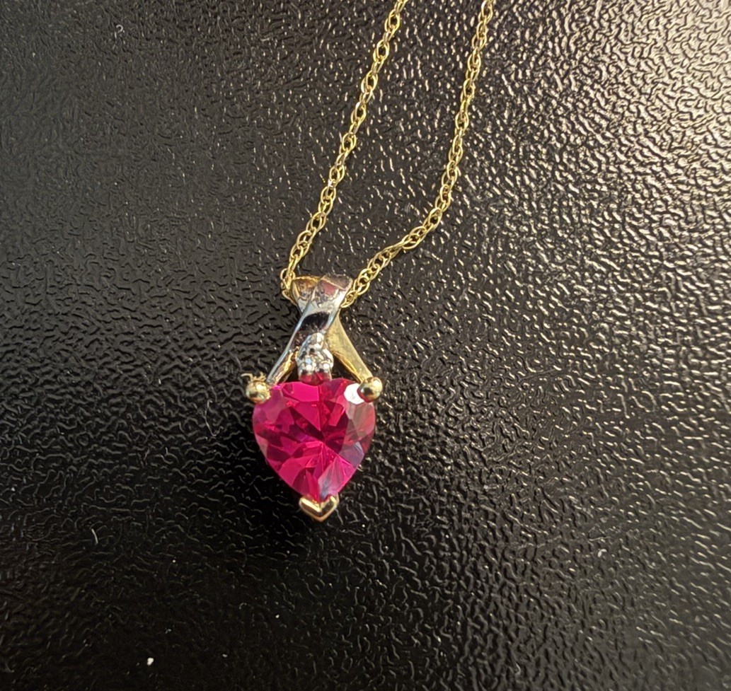 10k Gold Red Crystal Heart Pendant 9.5” Dainty Chain Necklace