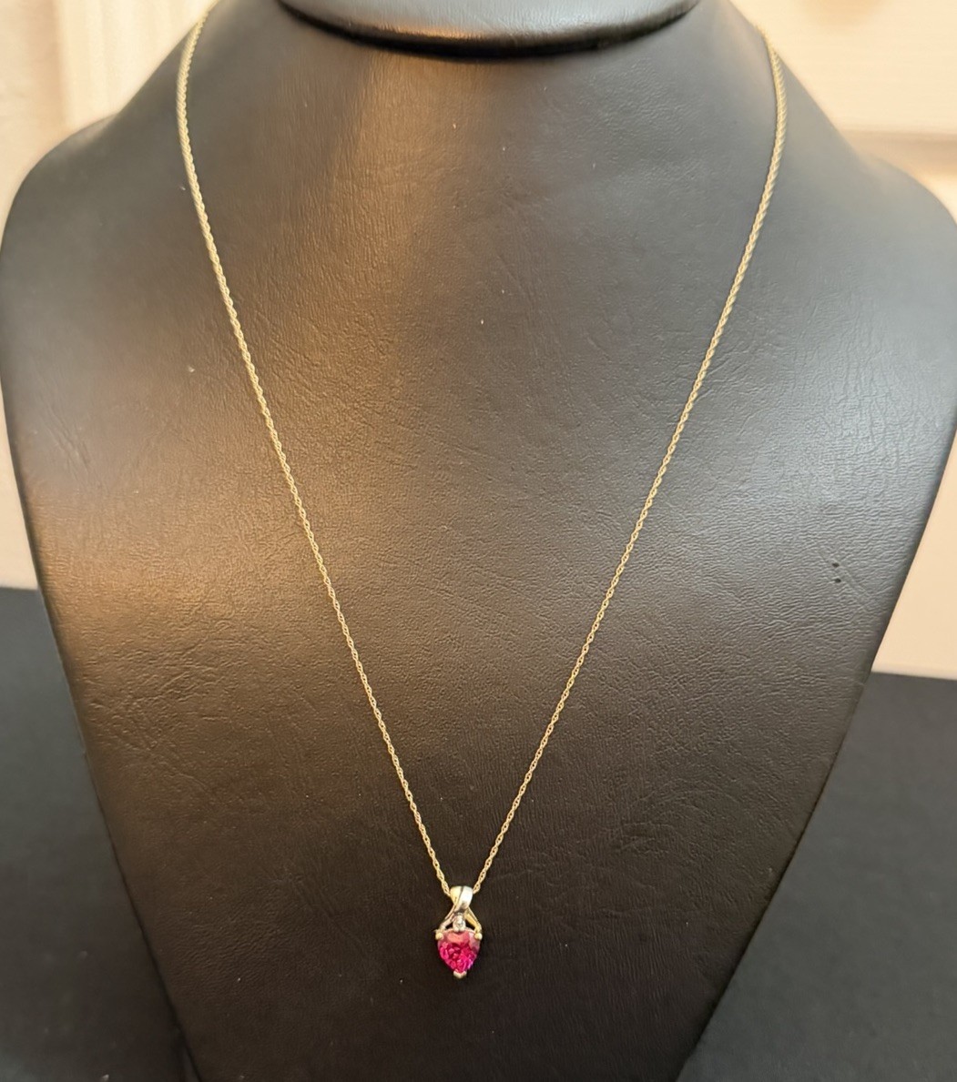 10k Gold Red Crystal Heart Pendant 9.5” Dainty Chain Necklace