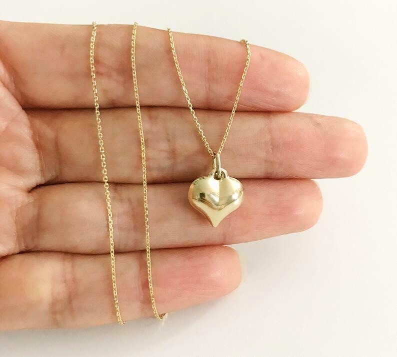 10K Real Gold Puffy Heart 15mm / 0.59″ Pendant, 3-D Puffy Heart Necklace – C2907
