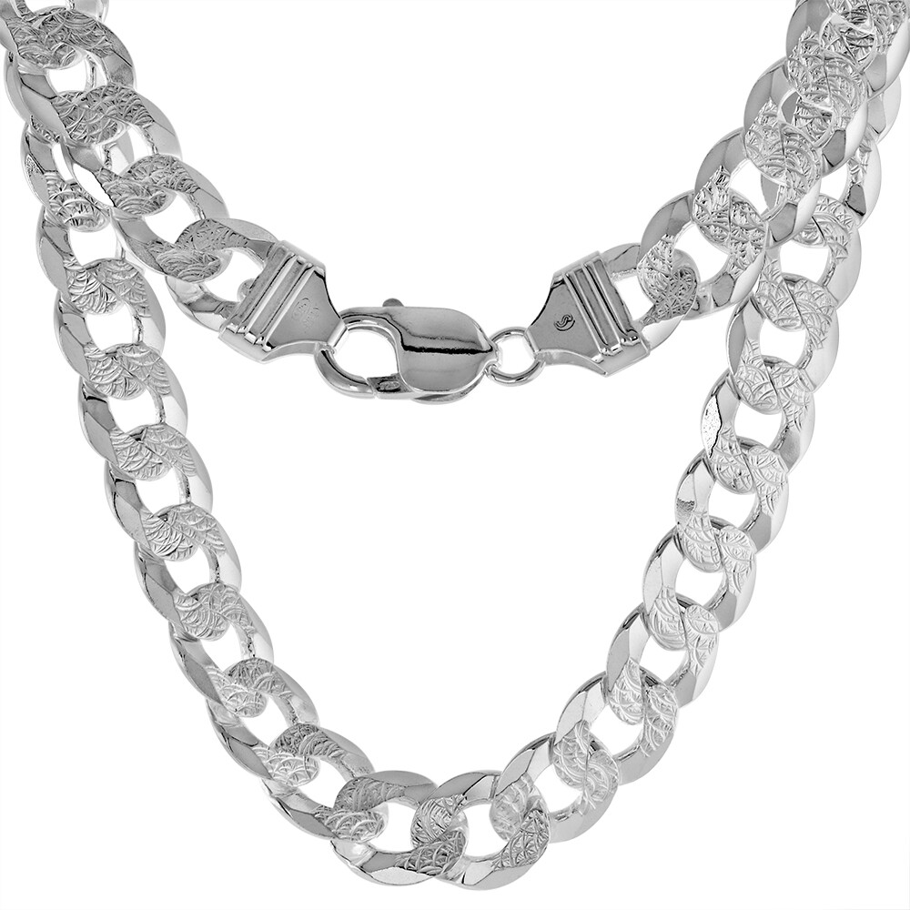 925 Sterling Silver Pave Diamond Cut Beveled Flat Curb Cuban Link Chain 11mm