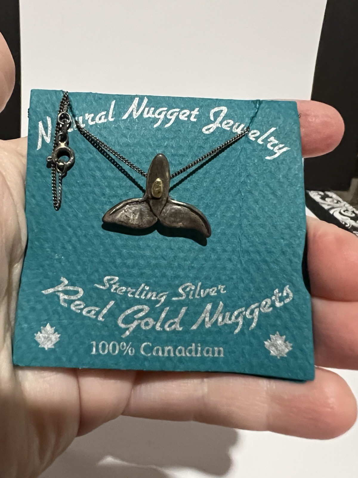 Sterling Silver Whale Tail Pendant With Gold Nugget Accent On Original Card