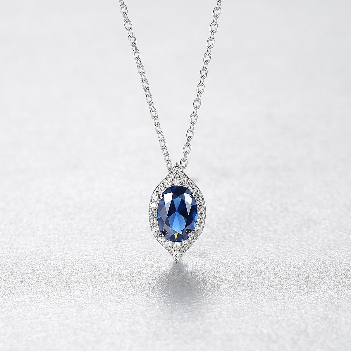 925 Sterling Silver Blue Sapphire Oval Shape Halo Necklace Elegant Women Gift