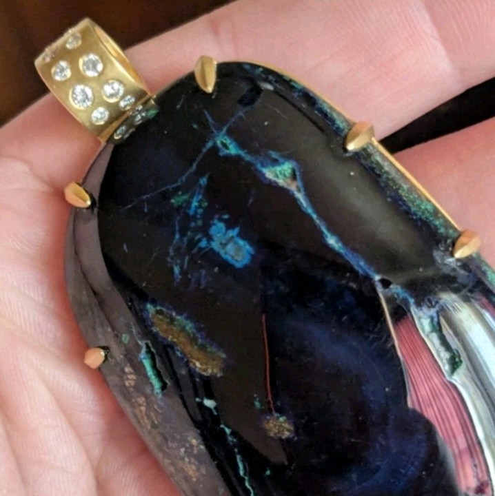10k Yellow Gold Diamond Bail Blue Azurite Gemstone Large Pendant OOAK Women’s
