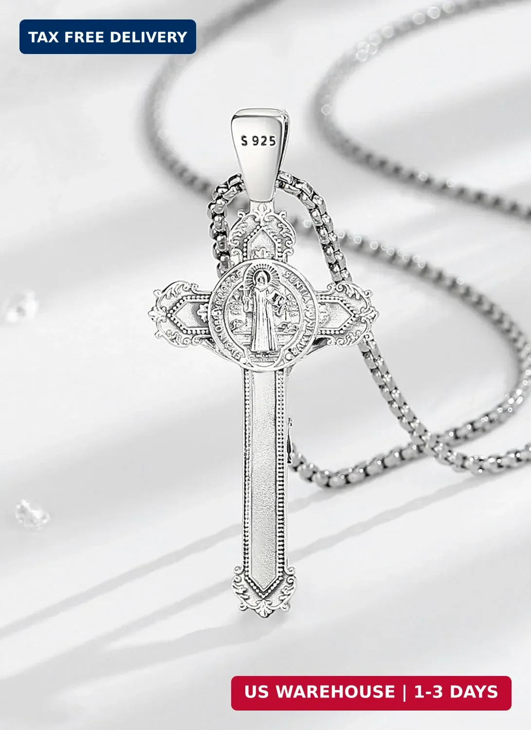 925 Sterling Silver Saint Benedict St Michael Caravaca Cross Necklace