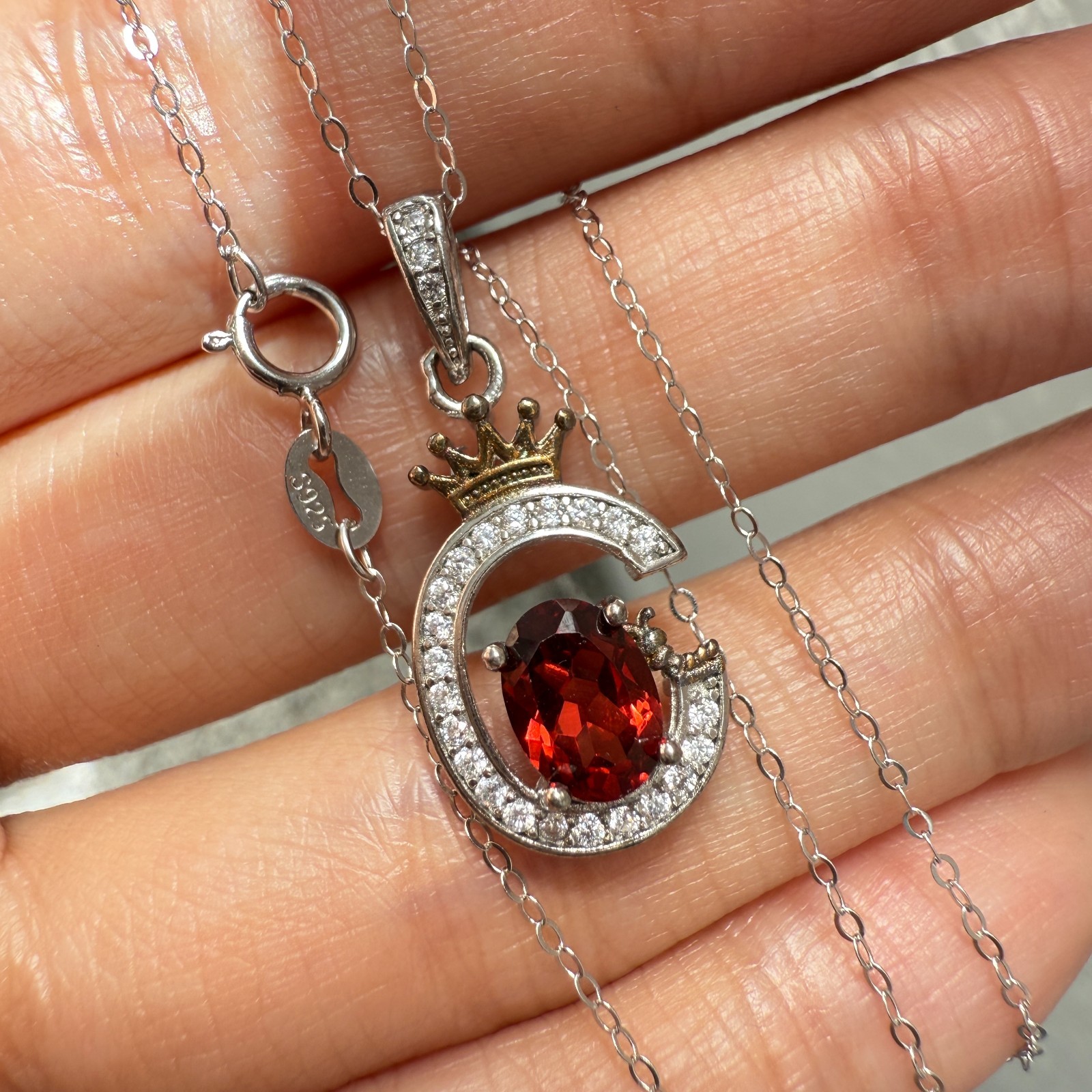 925 Sterling Silver Necklace 7x5mm Natural Garnet Zircon Crown Handmade Chain