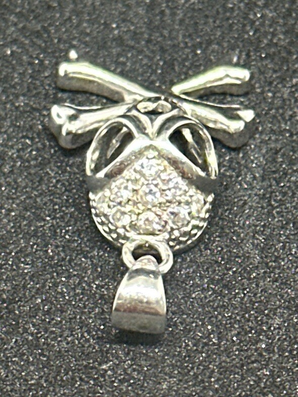 Skull & Crossbones Sterling Silver 925 Pave Rhinestone 1″ FAS Pendant Only 2.3g