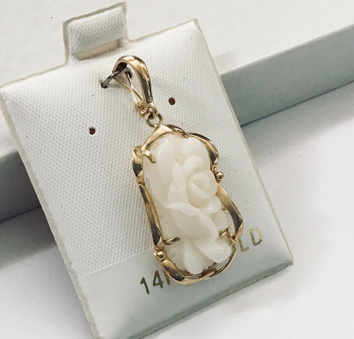 Genuine Natural White Coral Hand Carved Flower 14K Yellow Gold Pendant Enhancer