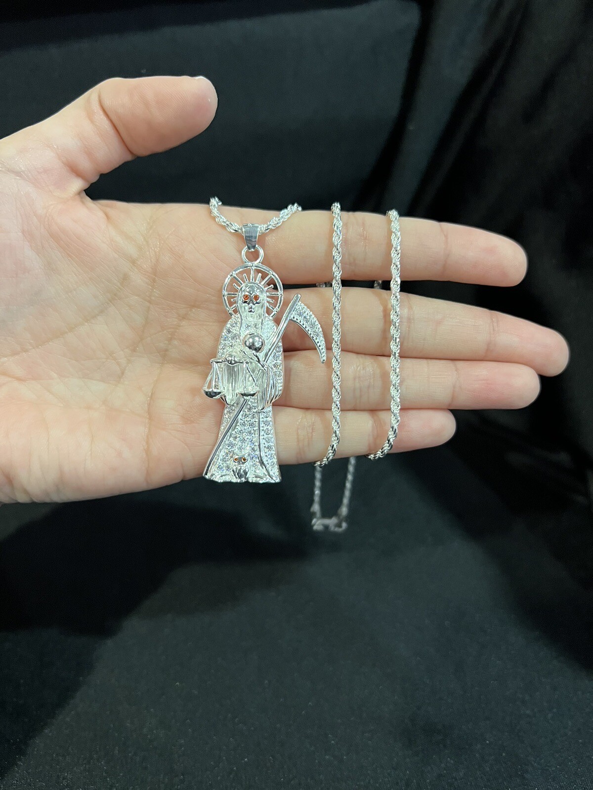 925 Sterling Silver Men Women CZ Santa Muerte Grim Reaper & Rope Chain 20 24 30
