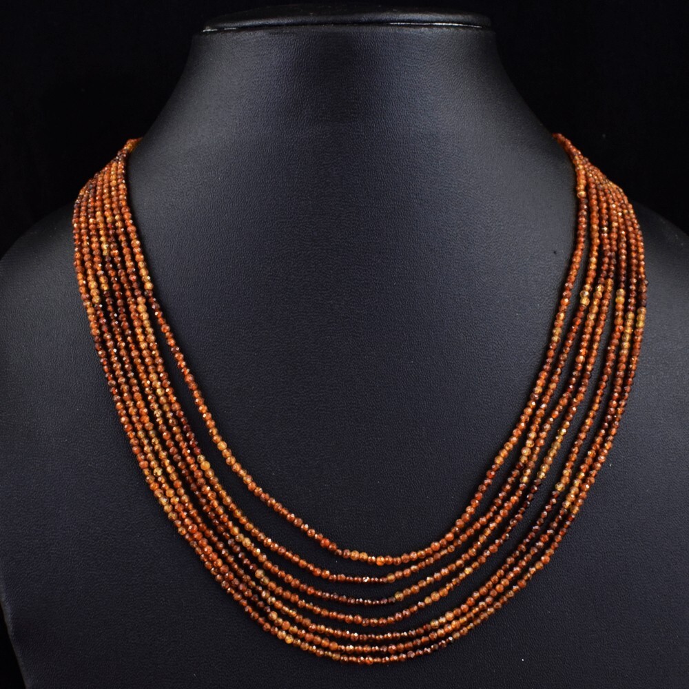 185 Cts Natural 7 Strands Hessonite Garnet Round Shape Beads Necklace AK 20 E488