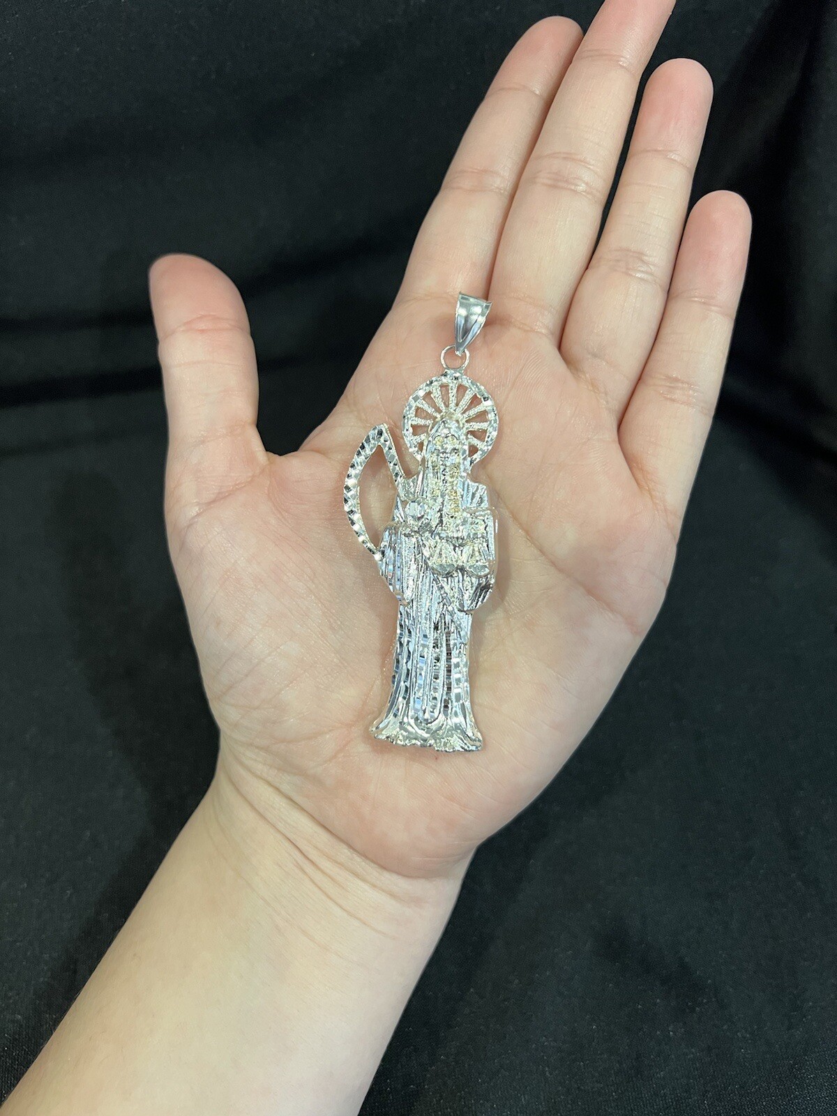 925 Sterling Silver Mens Womens BIG Santa Muerte Grim Reaper Holy Death Pendant