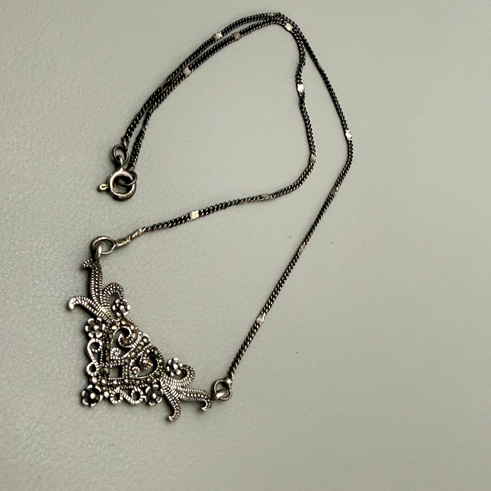 CW 925 Sterling Silver Marcasite Art Deco Style Filigree Necklace Vintage