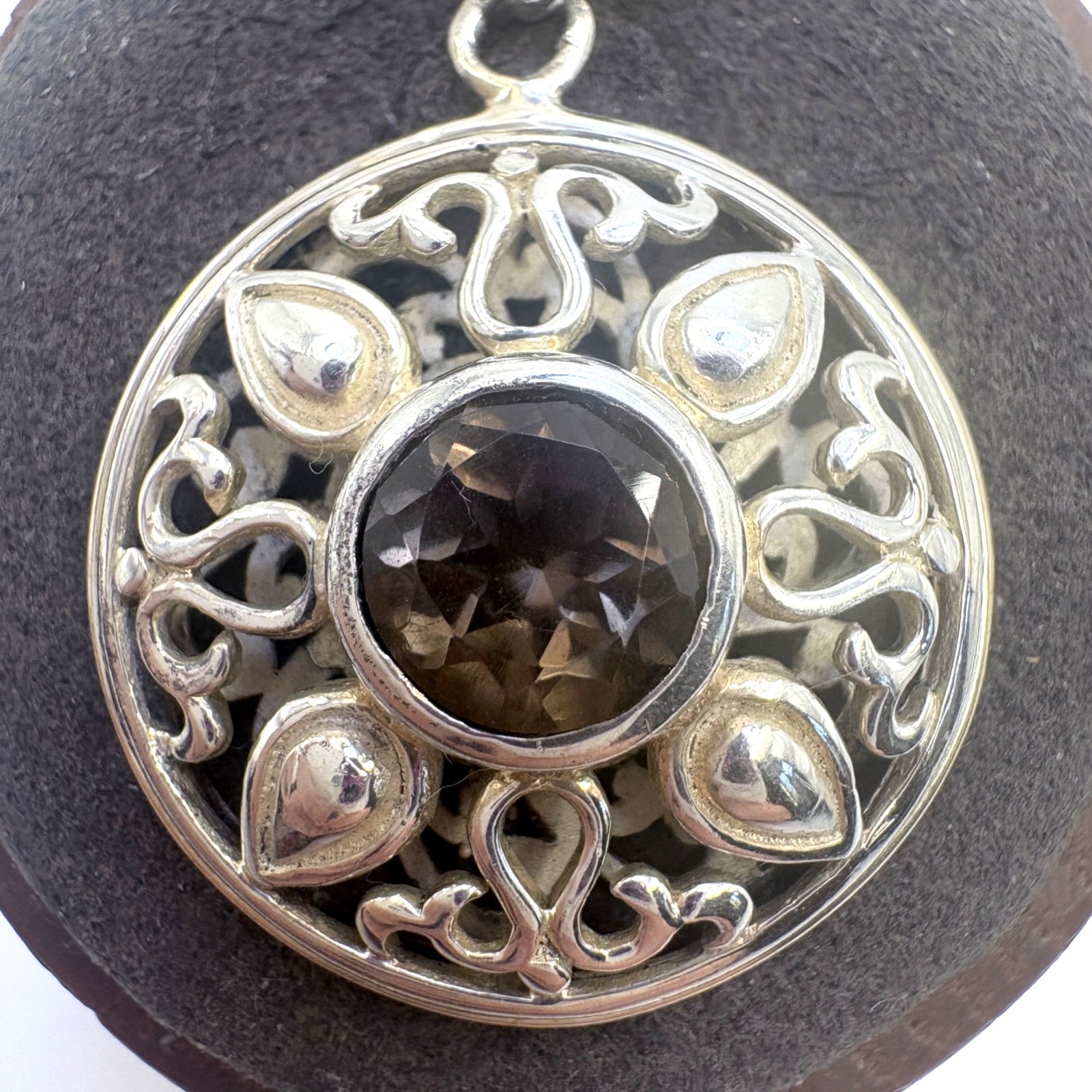 Smoky Quartz Scroll Design Circle Pendant 925 Sterling Silver 1.5″ Length