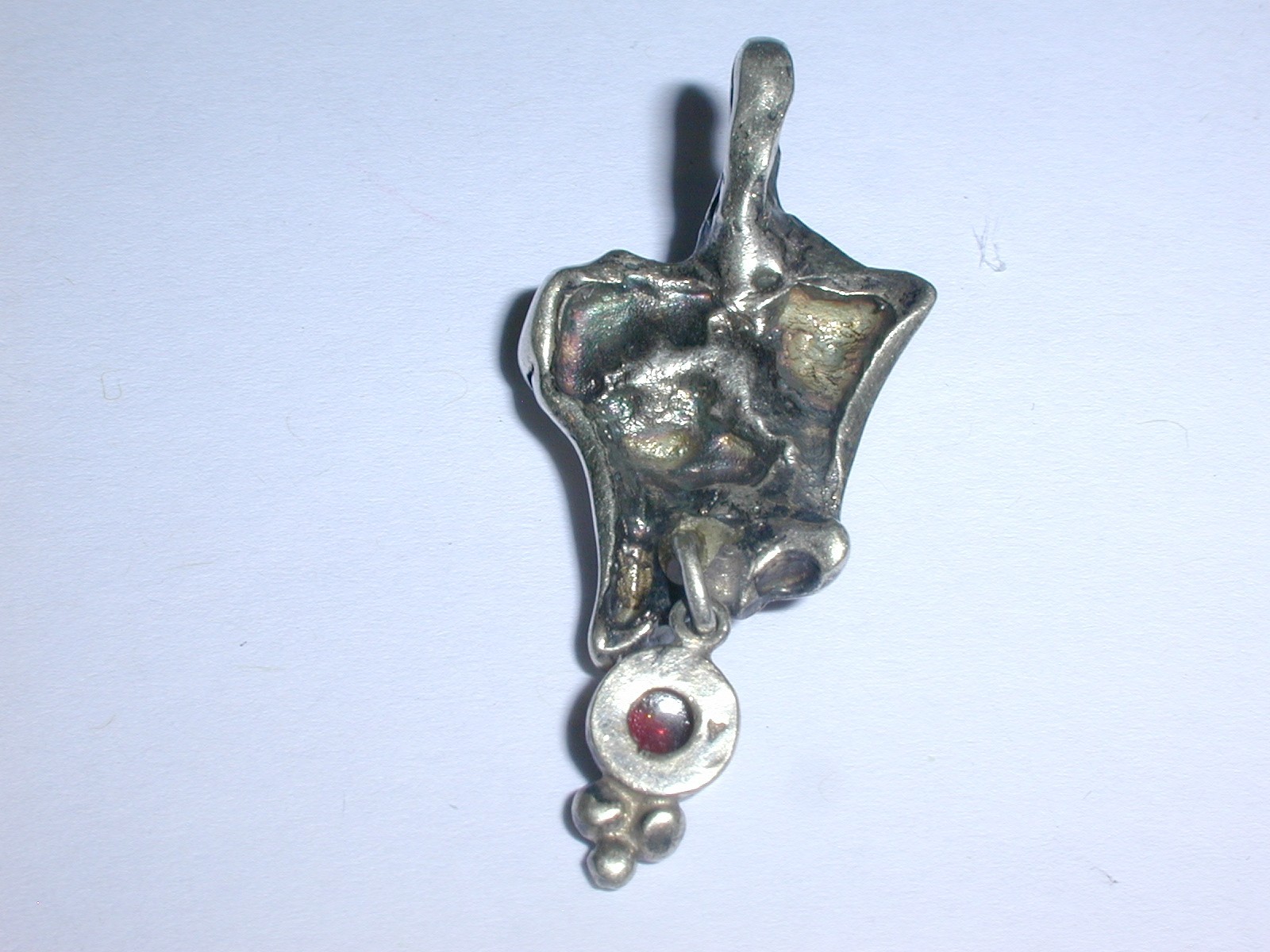 MODERNIST BRUTALIST STERLING SILVER HANDMADE PENDANT W/ GARNET DROP!