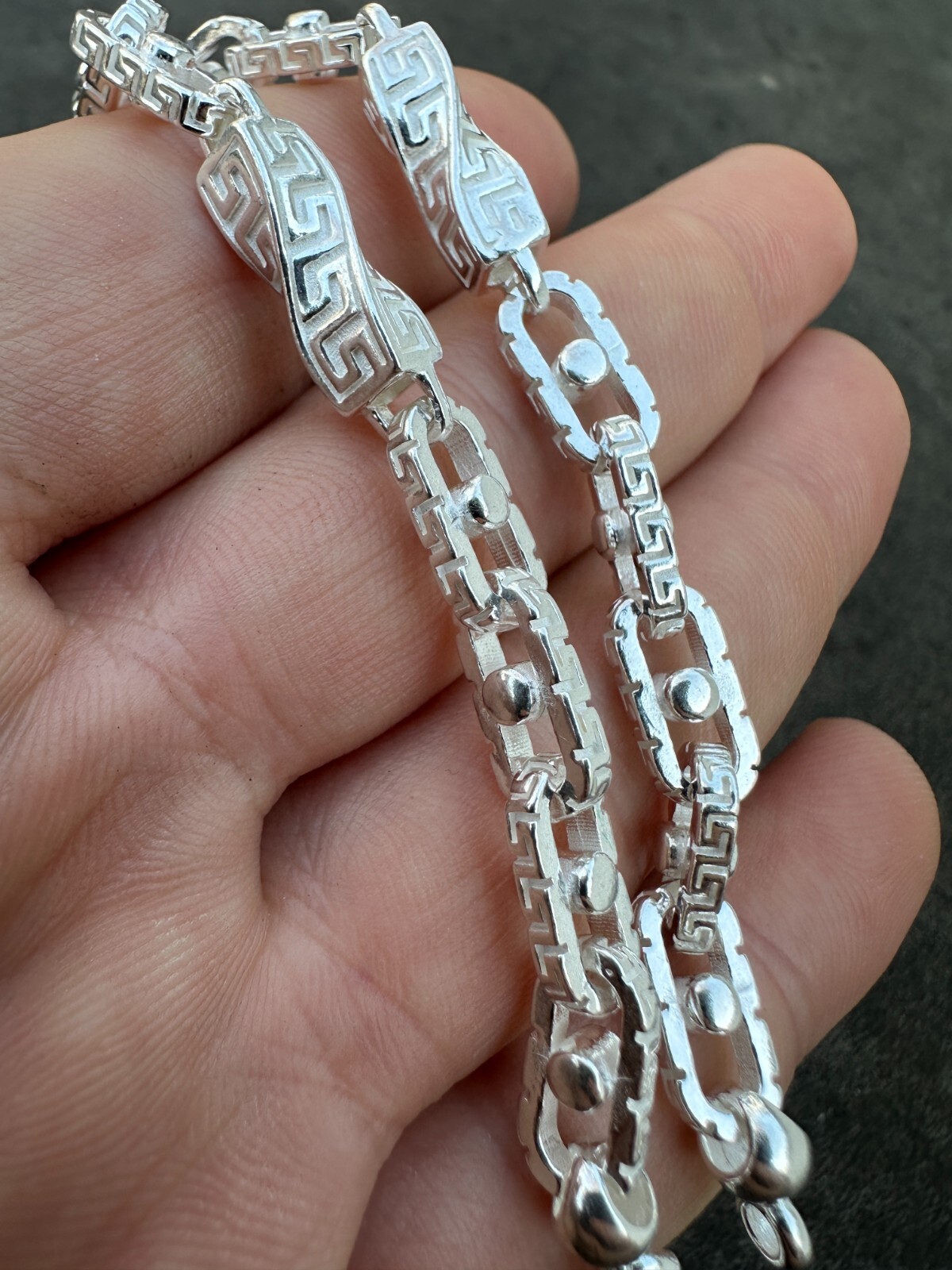 Real 7mm 925 Sterling Silver Custom Greek Key Hermes Rolo Link Chain Bracelet