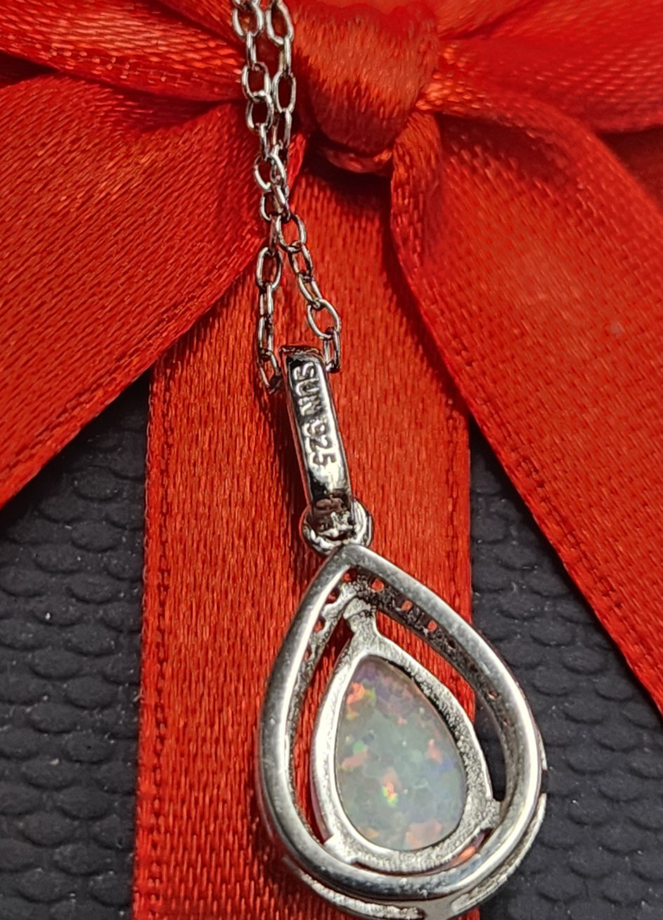 Yes, Please! Lab Created White Opal Pear Pendant Necklace 18″ Sterling Silver
