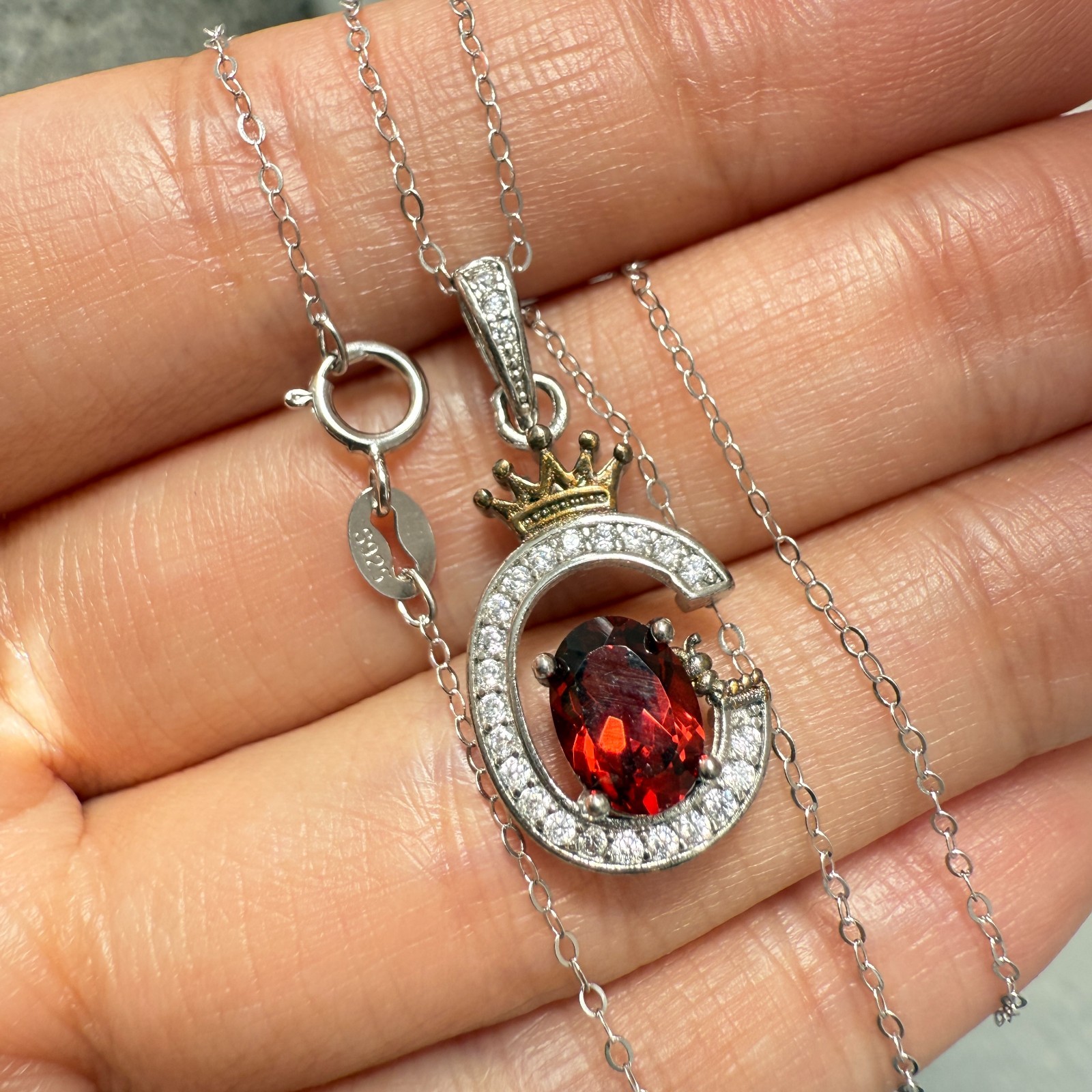 925 Sterling Silver Necklace 7x5mm Natural Garnet Zircon Crown Handmade Chain