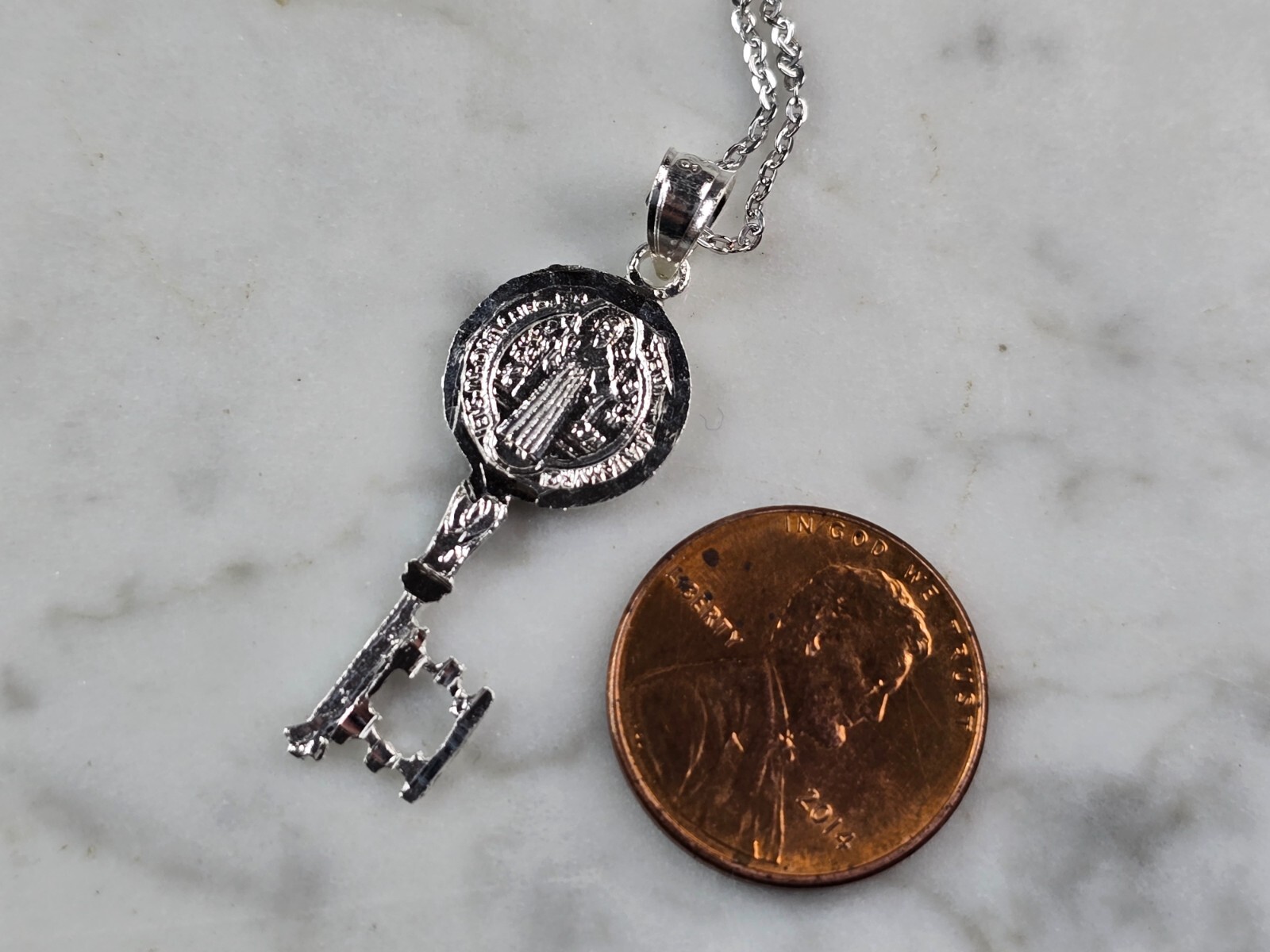 Womens Sterling Silver Religious Saint Benedict Key Pendant Necklace 3.3g E7190