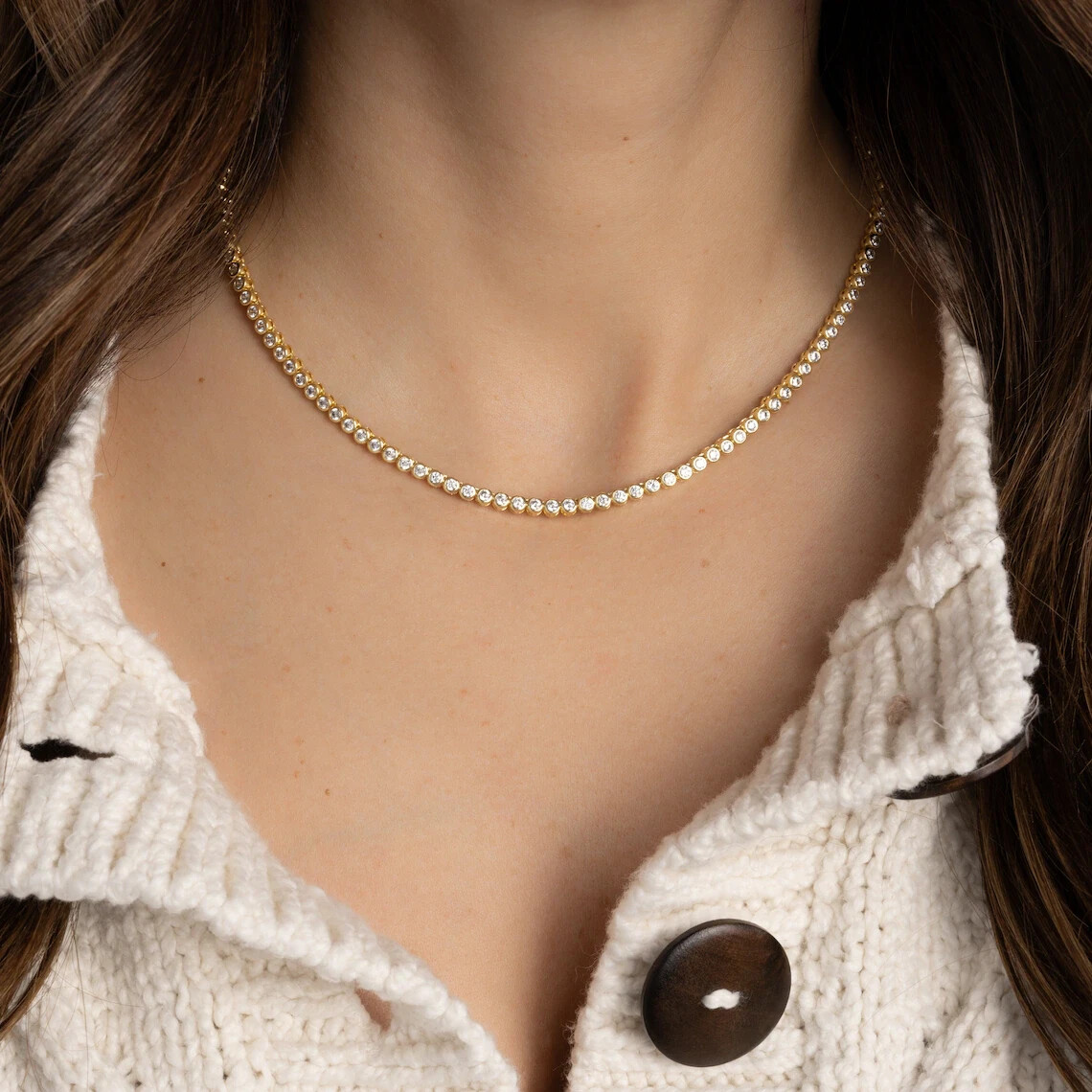 7CT Lab Grown IGI Pass Bezel Diamond Women’s Tennis Necklace 18″ 14K Yellow Gold
