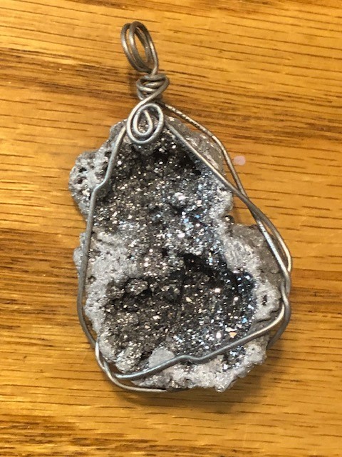 Titanium Raw Geode Silver Druzy Wrapped In Wire Pendant 2 1/4″ x 1 1/2″