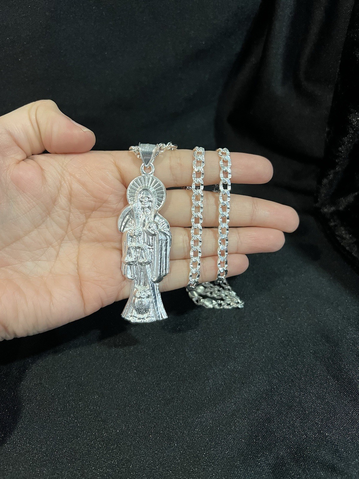 925 Sterling Silver Mens Big Santa Muerte Grim Reaper & Deck Curb Chain 22 26 30