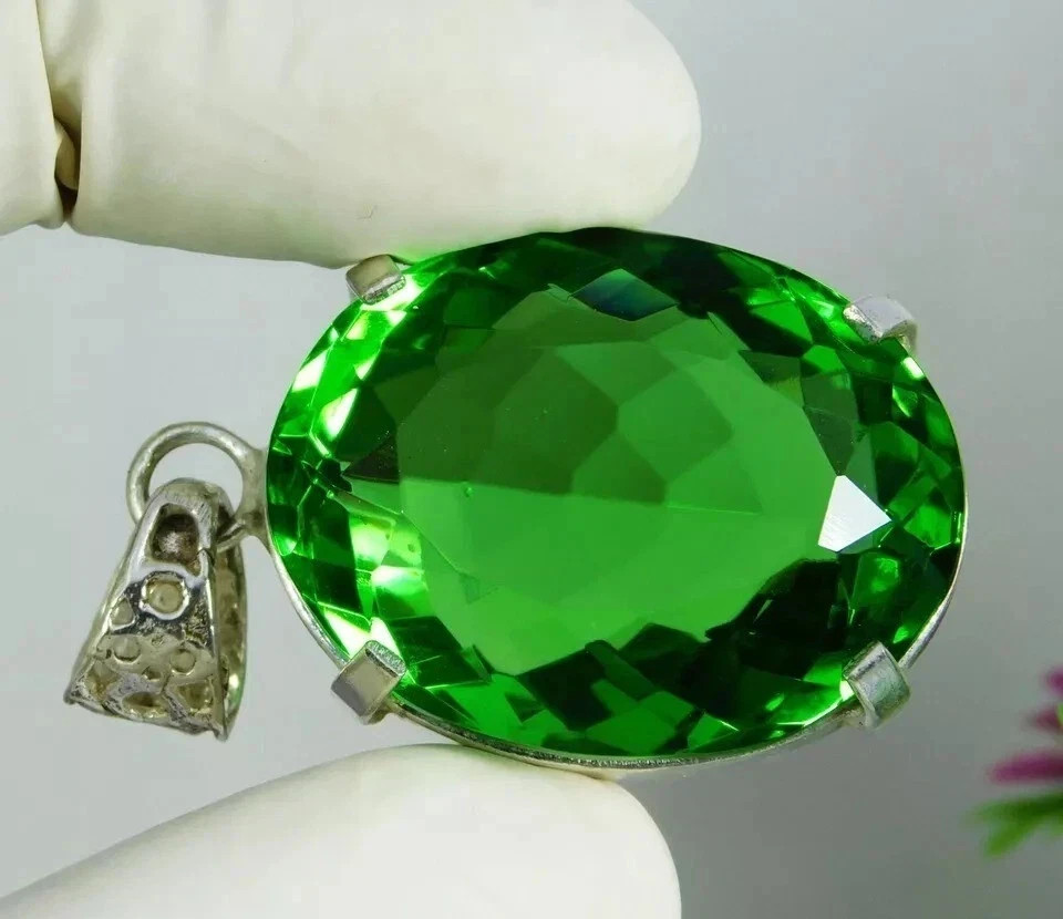 67 Ct Green Topaz Oval Cut Sterling Silver Certified Gemstone Pendant Jewelry