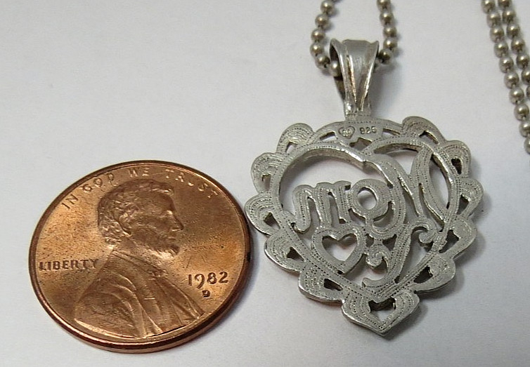 VINTAGE HEART LOVE MOM 925 STERLING SILVER PENDANT NECKLACE CHAIN 16″ LONG