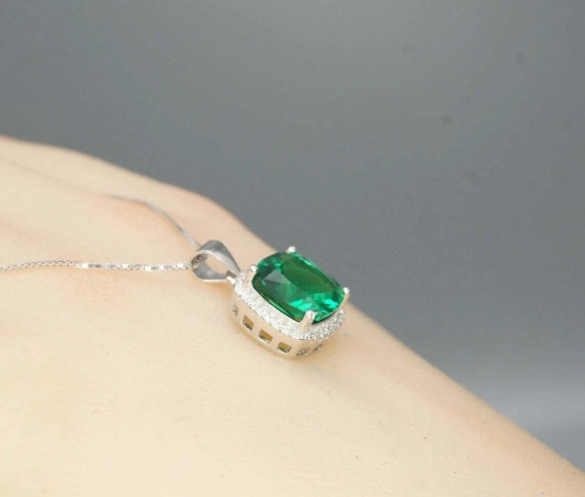 2.00Ct Cushion Cut Lab Created Emerald Halo Pendant 14K White Gold Silver Plated