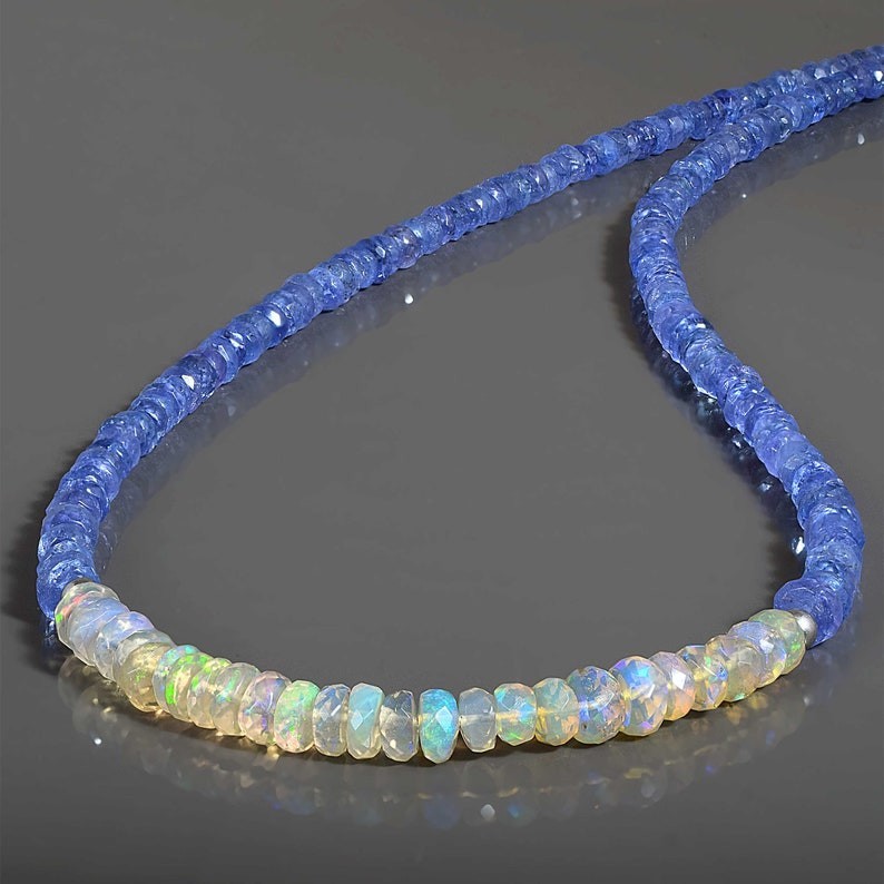 18K White Gold Finished Over AA+ Tanzanite And Opal Beads Necklace In 925Silver