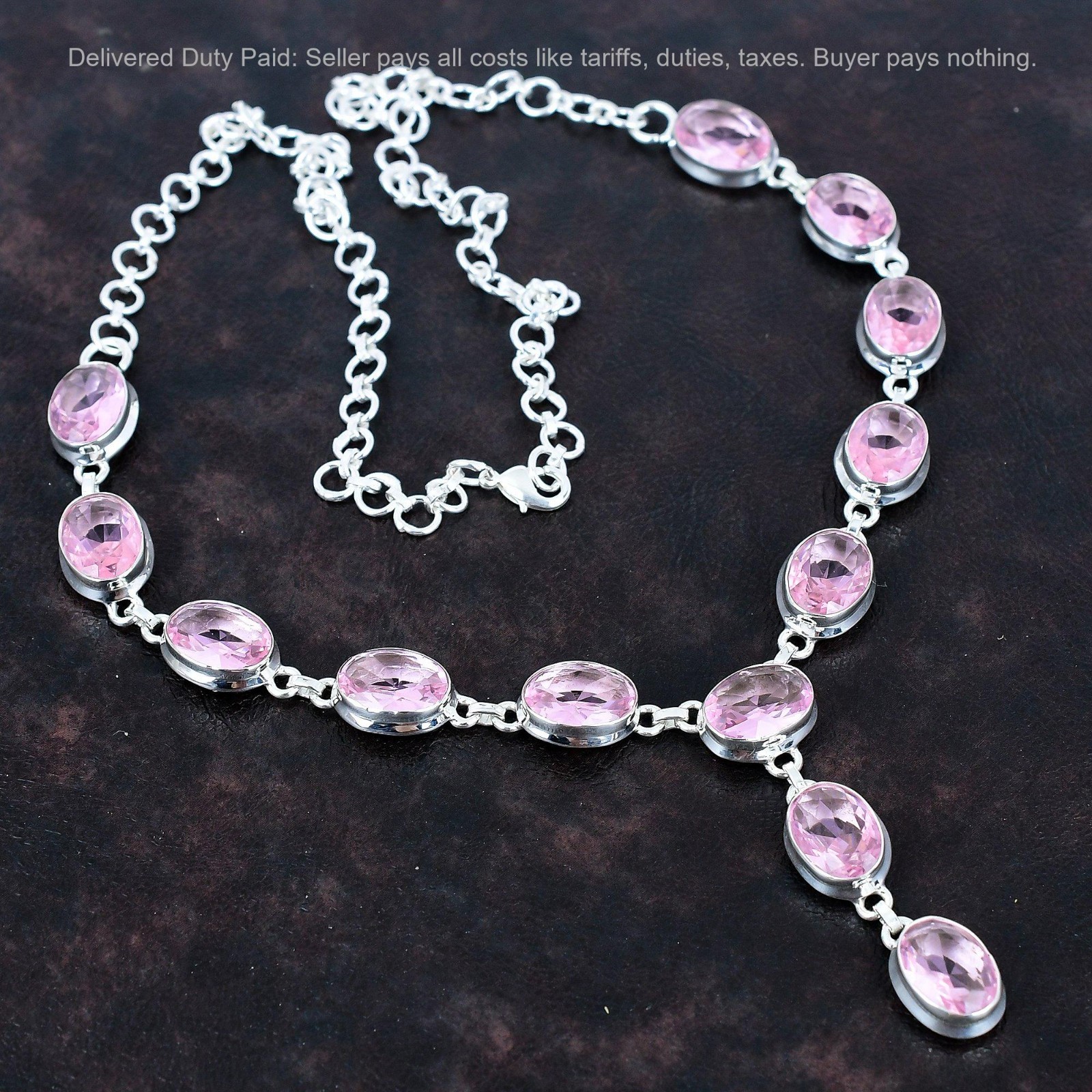 925 Sterling Silver Pink Kunzite Stone Chain Birthday Wedding Necklace Jewelry