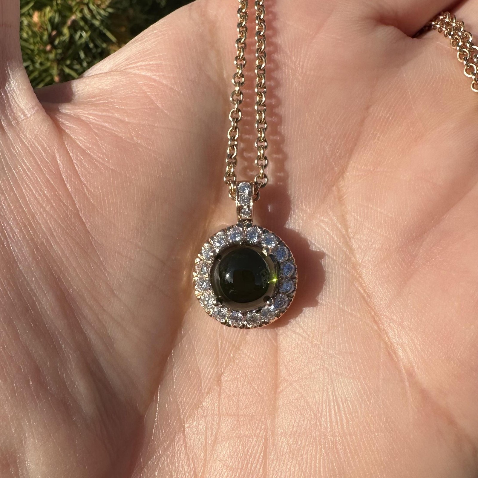 Rosy Yellow Gold High Quality Green Tourmaline Diamond Halo Pendant Necklace