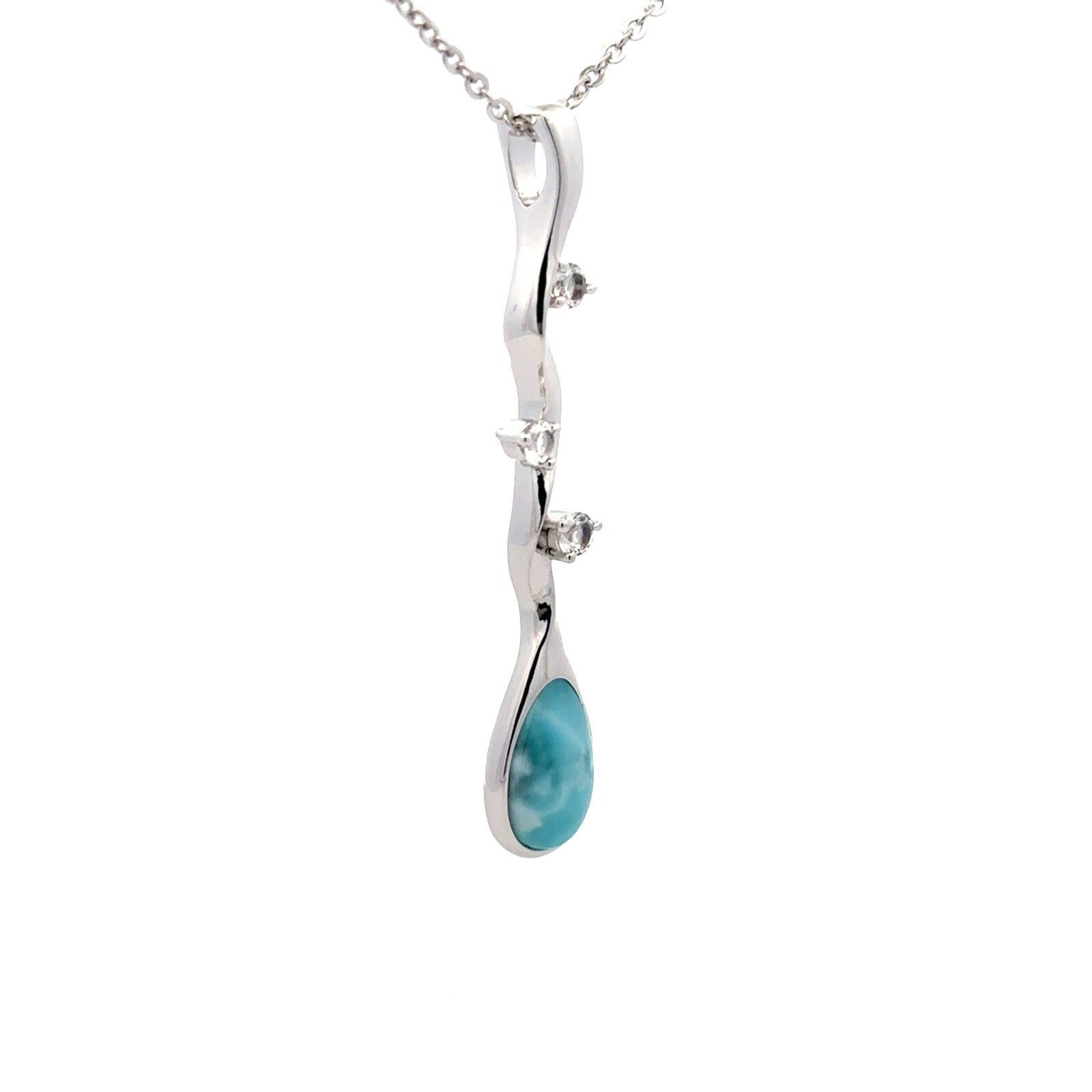 Sterling Silver Larimar And CZ Necklace (3/8 x 2 Inch)–Chain 18+1 Inch