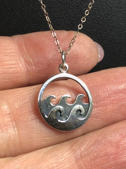 B1582 Ocean Wave Pendant Sterling Silver 925 Chain Necklace Beach 18″ 1.8g