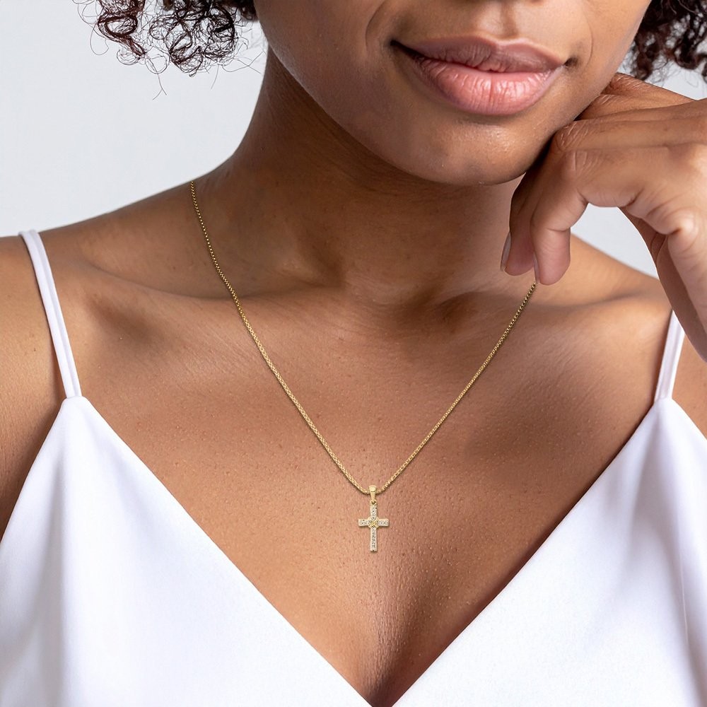 10K Solid Yellow Gold 0.09 ct Diamond Medium Cross Pendant Necklace 23.5mm