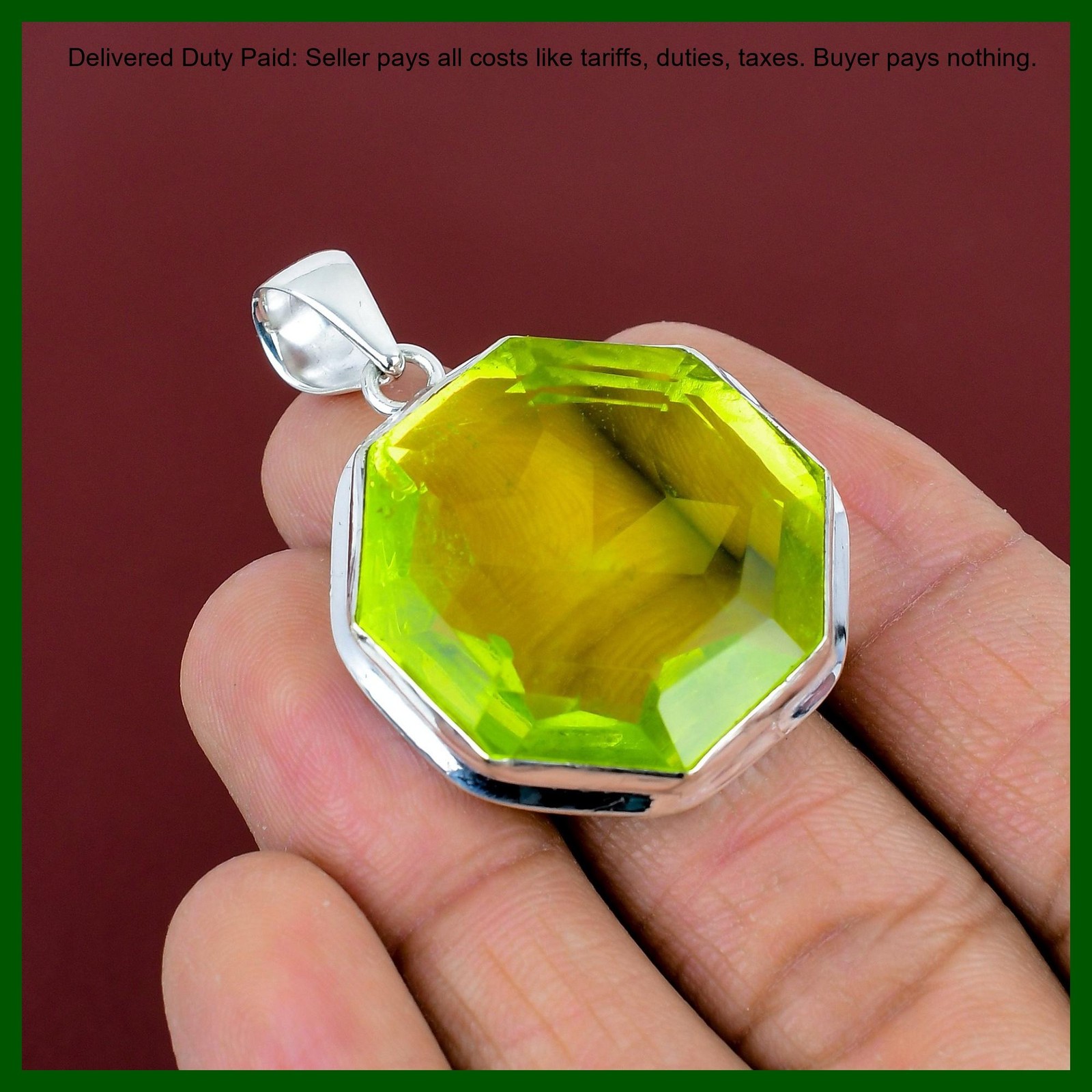 925 Silver Natural Lemon Topaz Bezel Art Deco Unique Engagement Birthday Pendant