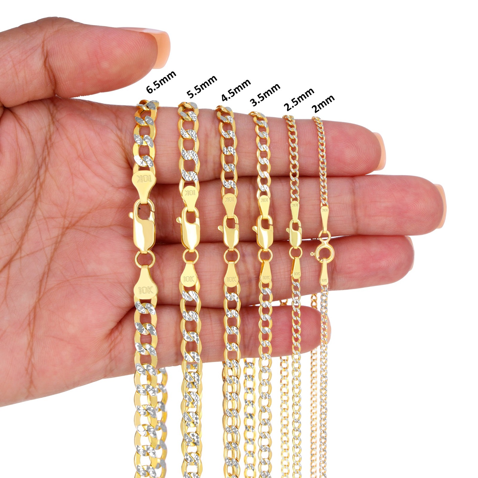 10K Yellow Gold 2mm-7.5mm Diamond Cut White Pave Cuban Chain Necklace 16″- 30″