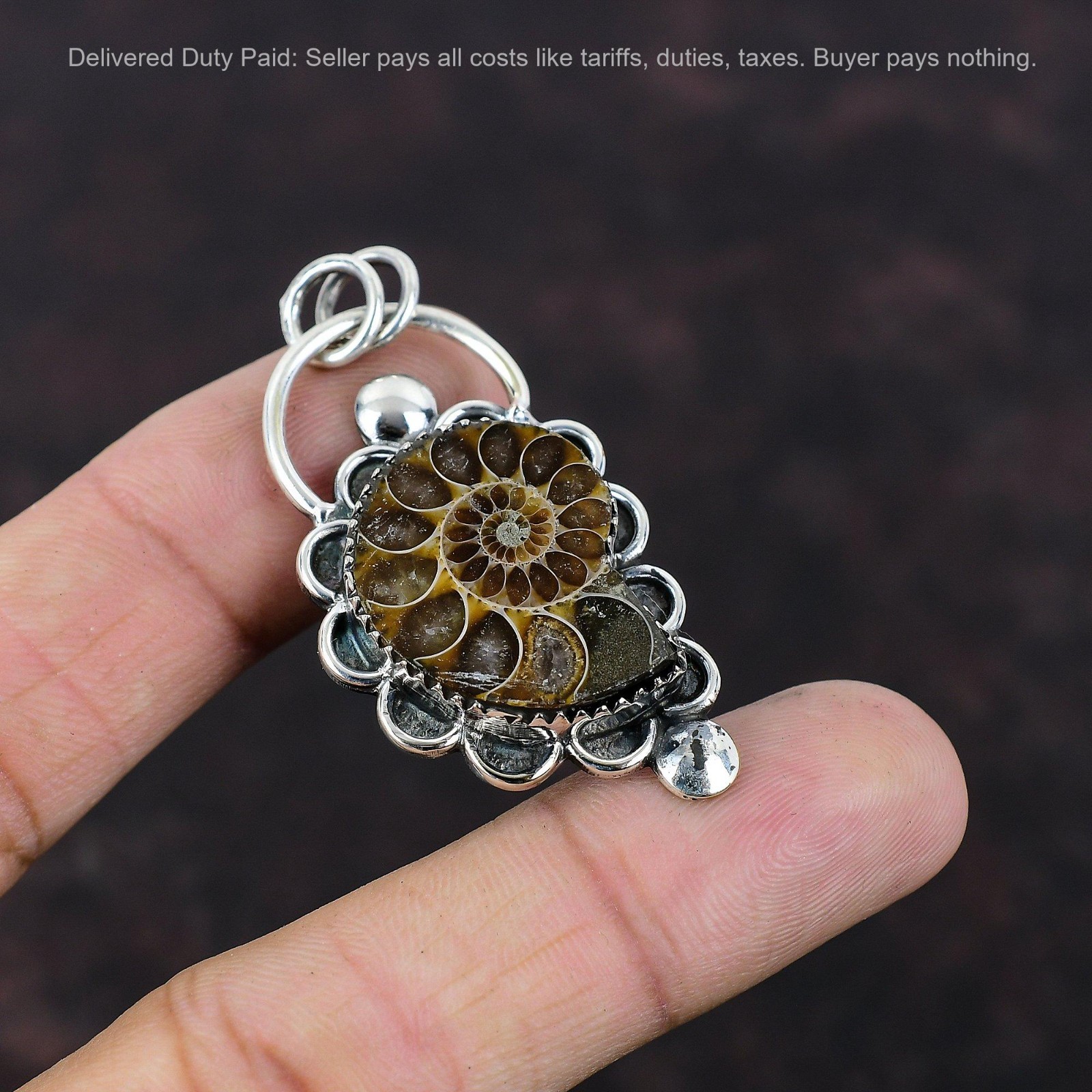 925 Silver Natural Ammonite Fossil Mother Anniversary Elegant Unique New Pendant