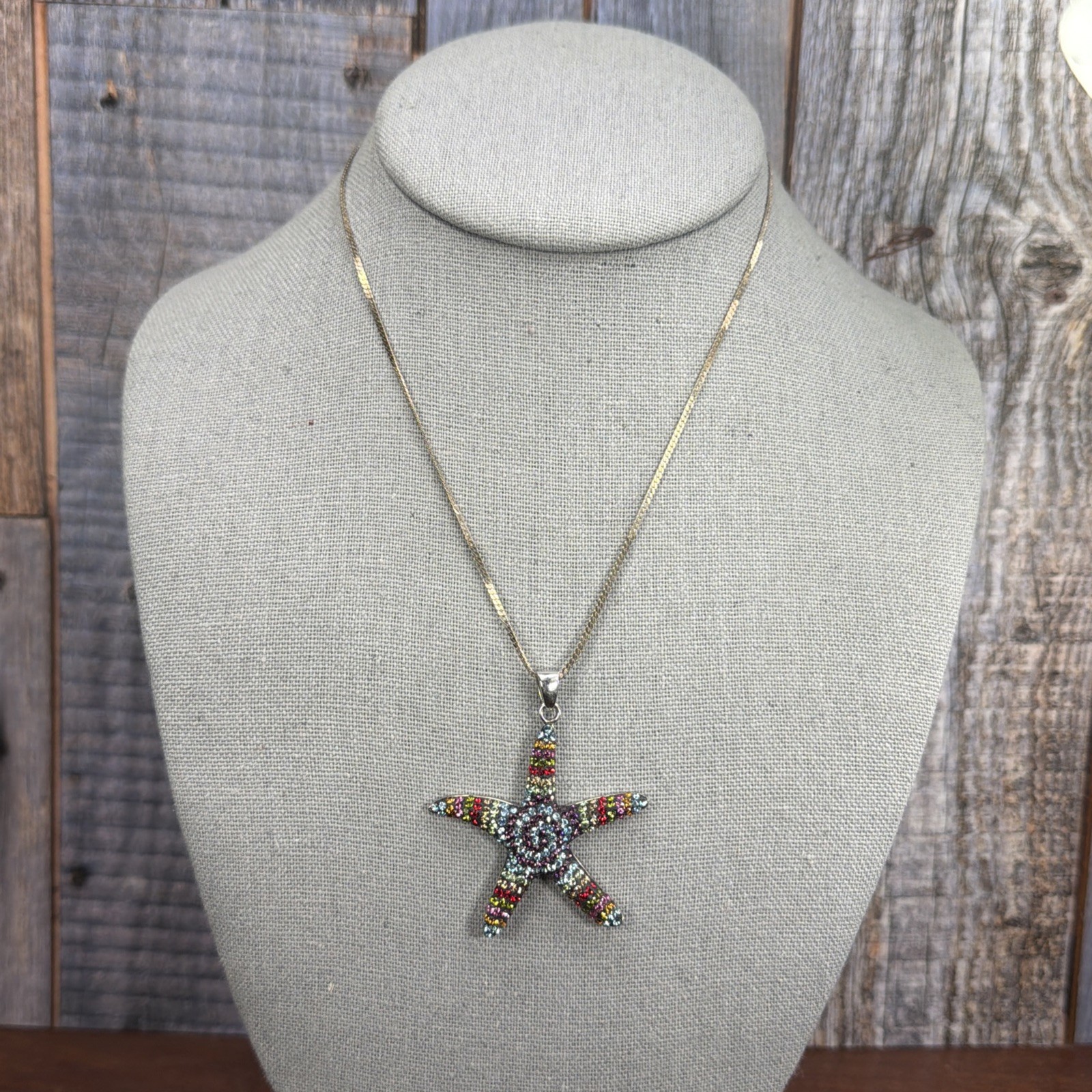 Sterling Silver Pave Multicolor Rainbow Rhinestone Starfish Pendant Thailand 16″